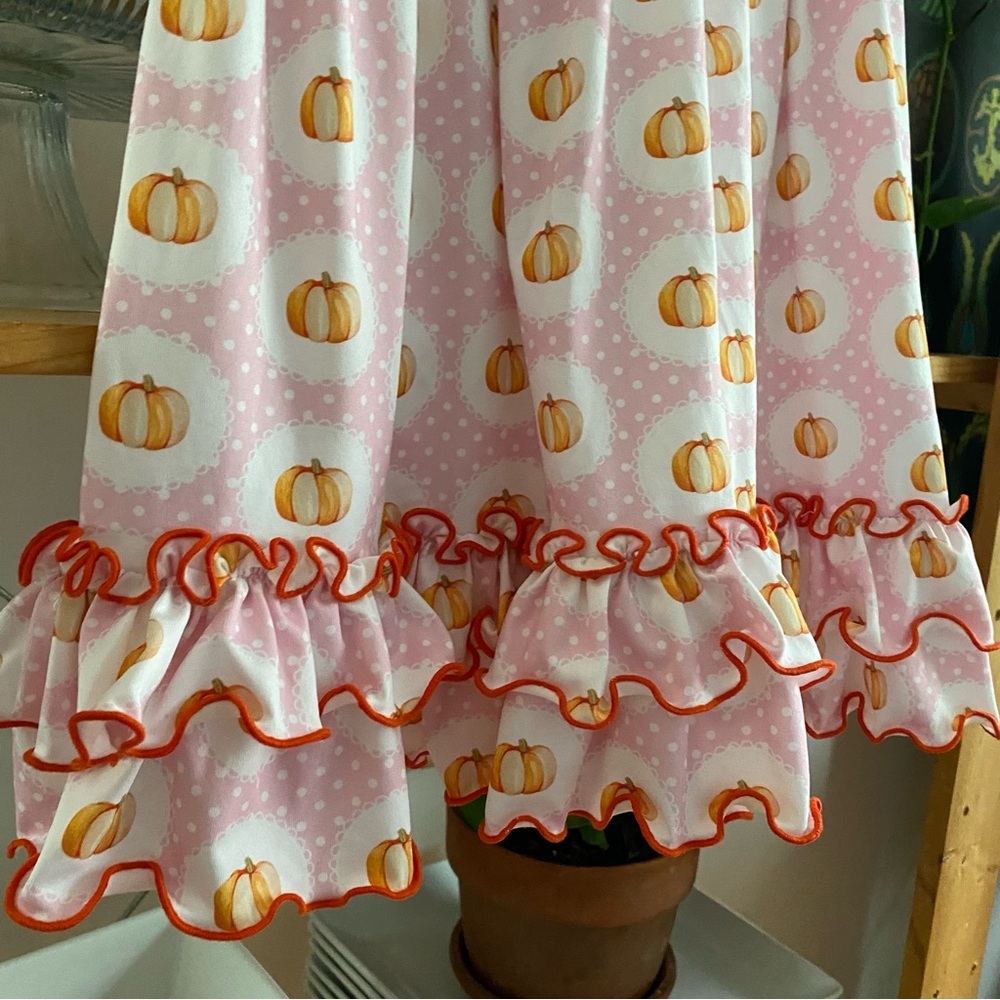 Southern Taters Pink Orange Pumpkin Ruffle Dress 4t - Picture 10 of 16